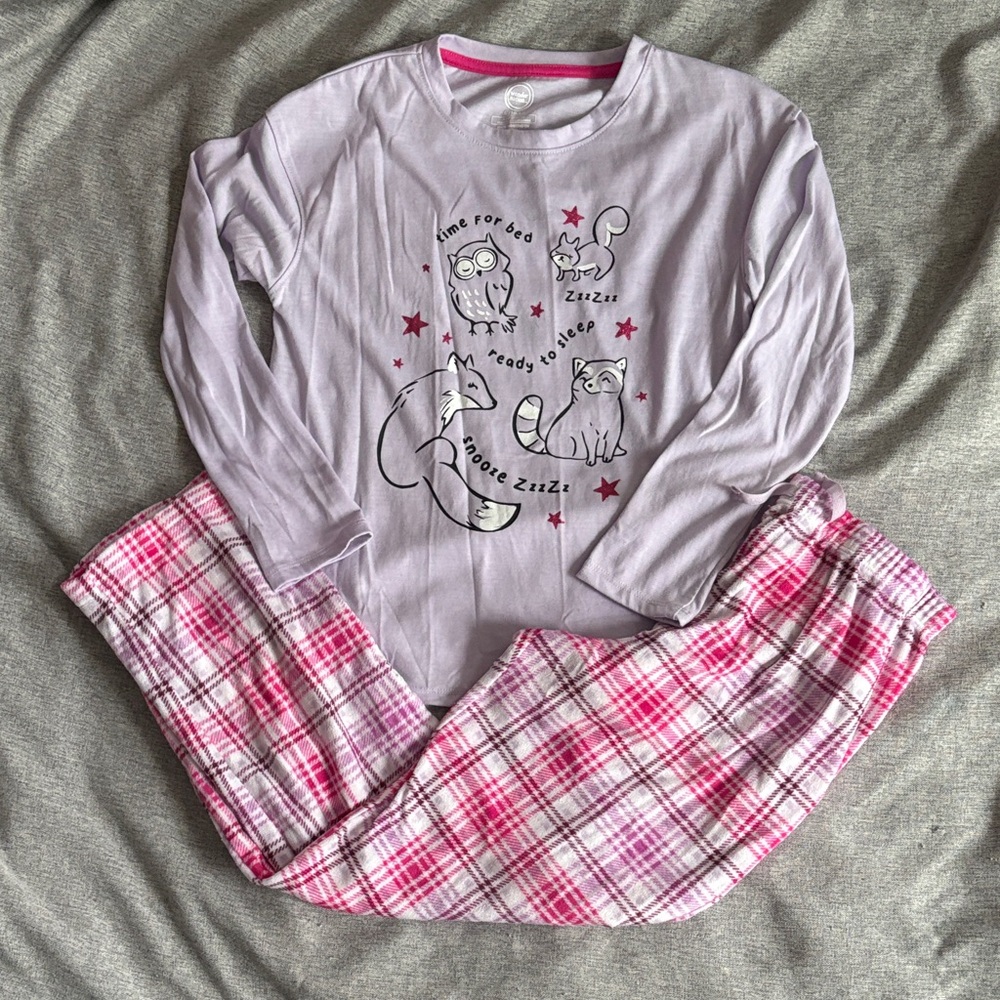 Wonder Nation Long Sleeve Purple & Pink Plaid Pajama Set - L 10/12